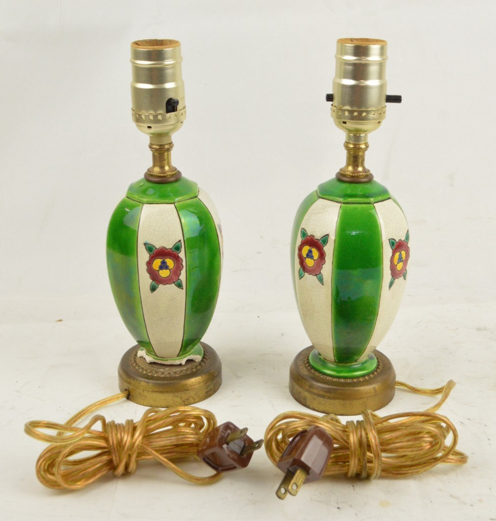 Vintage Boch Freres Belgium Crackle Glaze Green Enamel Table Lamps Pair